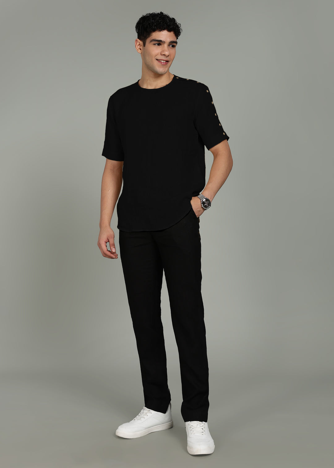 Arden - Pure Linen Button Detail T-Shirt - Black