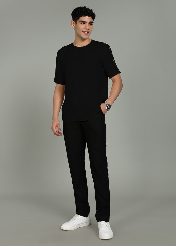 Arden - Pure Linen Button Detail T-Shirt - Black