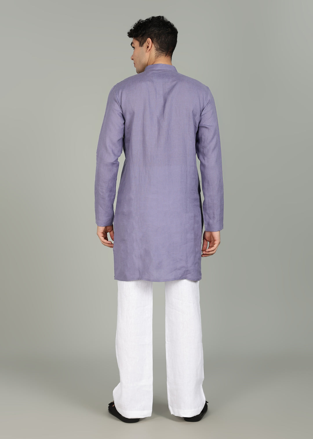 Vian Kurta Set - Pure Linen Full Sleeve Band Collar and White Kurta Pants- Lavender Violet & White
