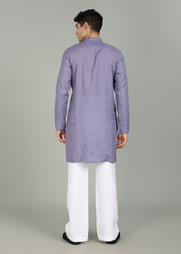 Vian Kurta Set - Pure Linen Full Sleeve Band Collar and White Kurta Pants- Lavender Violet & White