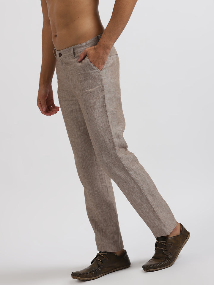 Ian Pure Linen Trousers - Light Brown Chambray