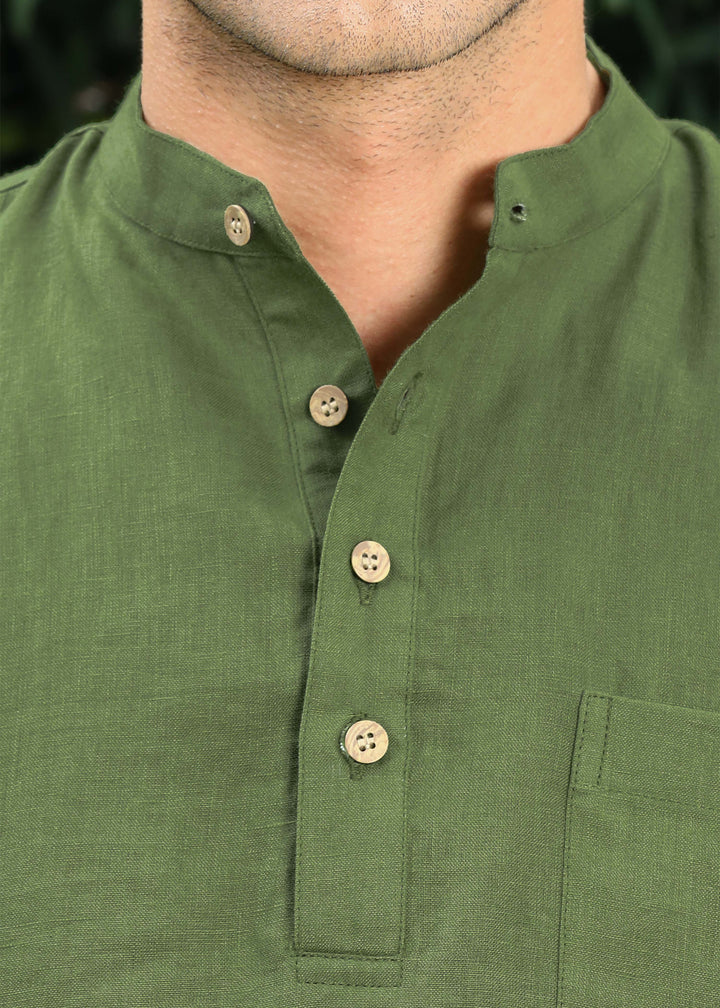 Trevor - Half Placket Pure Linen Full Sleeve Shirt - Cossack Green