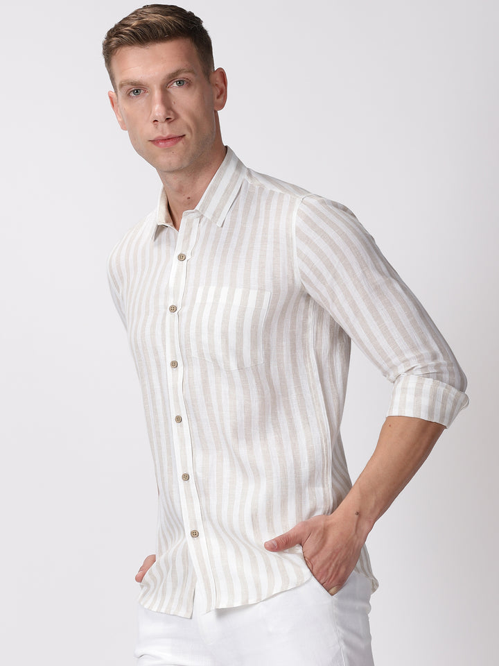 Arthur - Pure Linen Full Sleeve Shirt - Beige Stripes