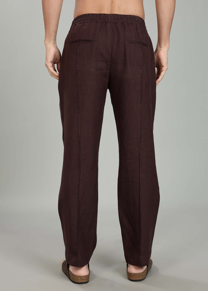 Art Pants - Pure Linen Elastic Casual Pants with Drawstrings - Cocoa Brown