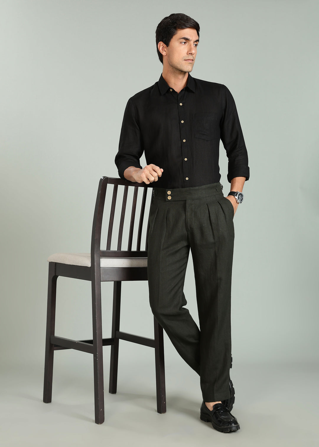 Wes Pants - Pure Linen Pleated Trousers with Adjustable Waistband - Dark Green