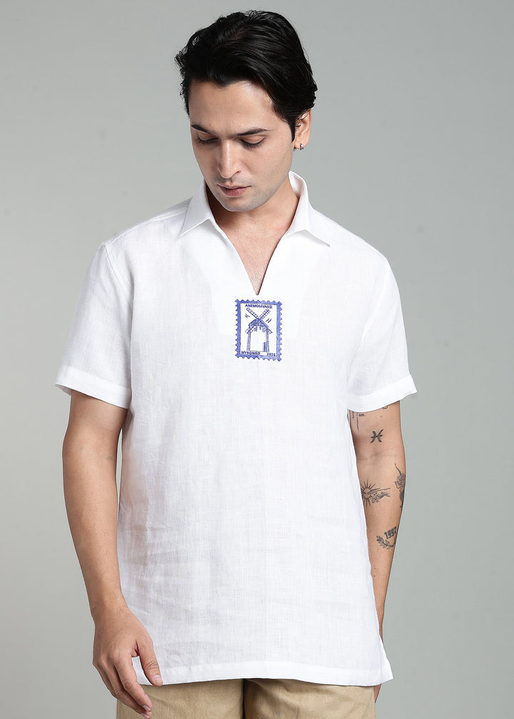 Vento - Pure Linen Relaxed V Neck T Shirt - White with Blue Embroidery