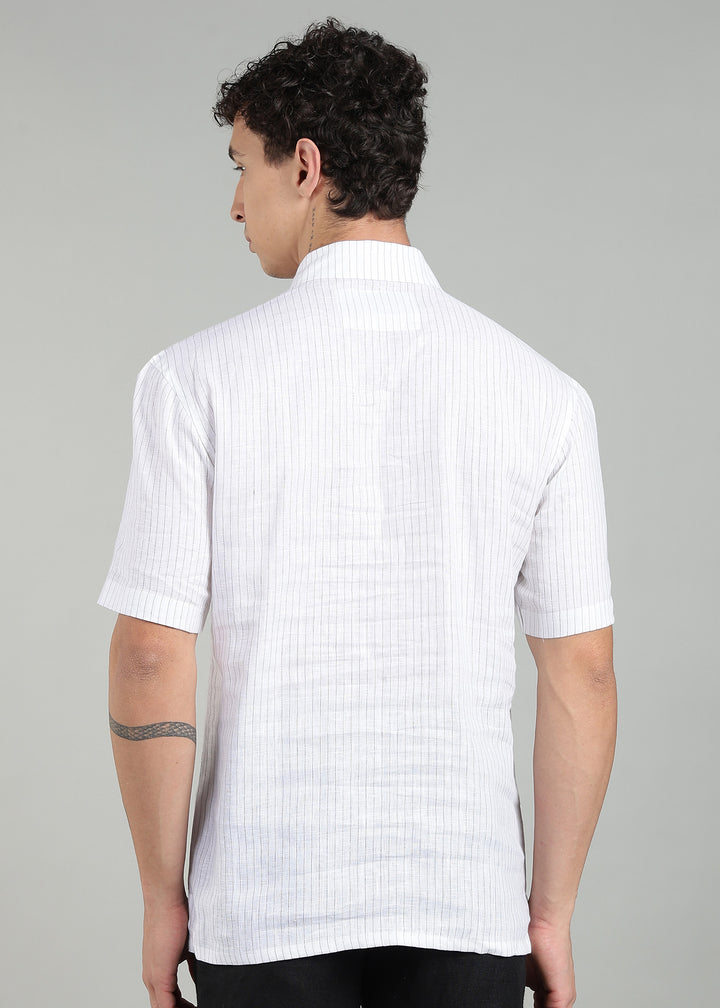 Mirage - Pure Linen Relaxed T-Shirt - Black Pinstripe