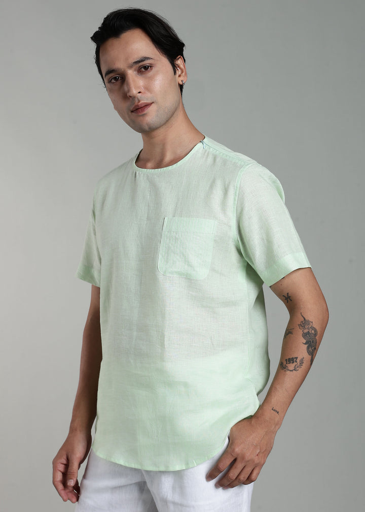 Simon - Pure Linen Stitch Detail Short Sleeve T-Shirt - Pastel Green