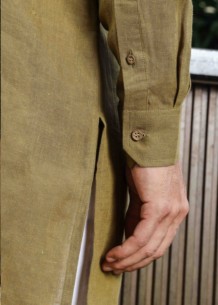 Yash Kurta - Pure Linen Kurta with Floral Embroidery | Golden Olive Green