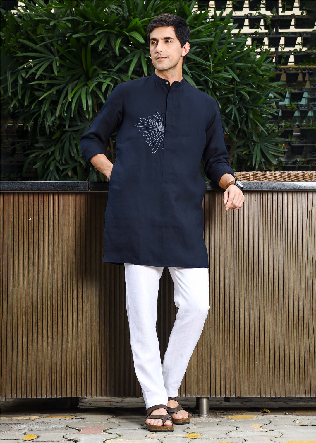 Yash Kurta - Pure Linen Kurta with Floral Embroidery | Dark Blue