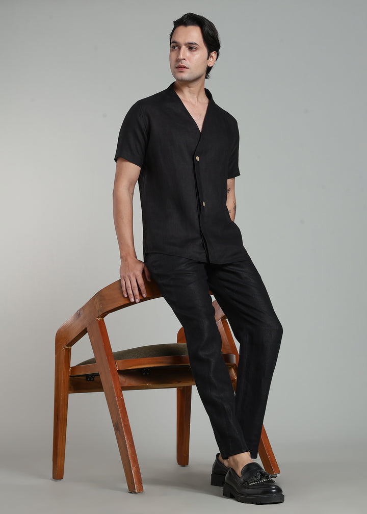 Void - Pure Linen Collarless Half Sleeve Shirt – Black