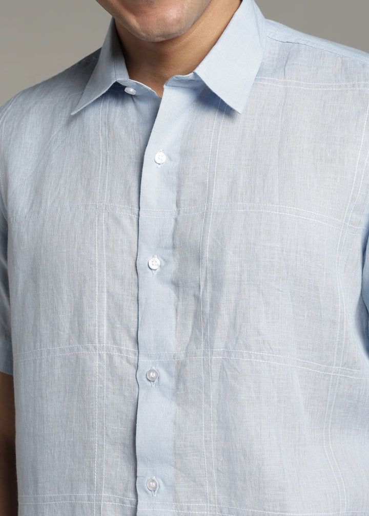 Mitch - Pure Linen Half Sleeve Stitch Detailed Checks Shirt - Sky Blue