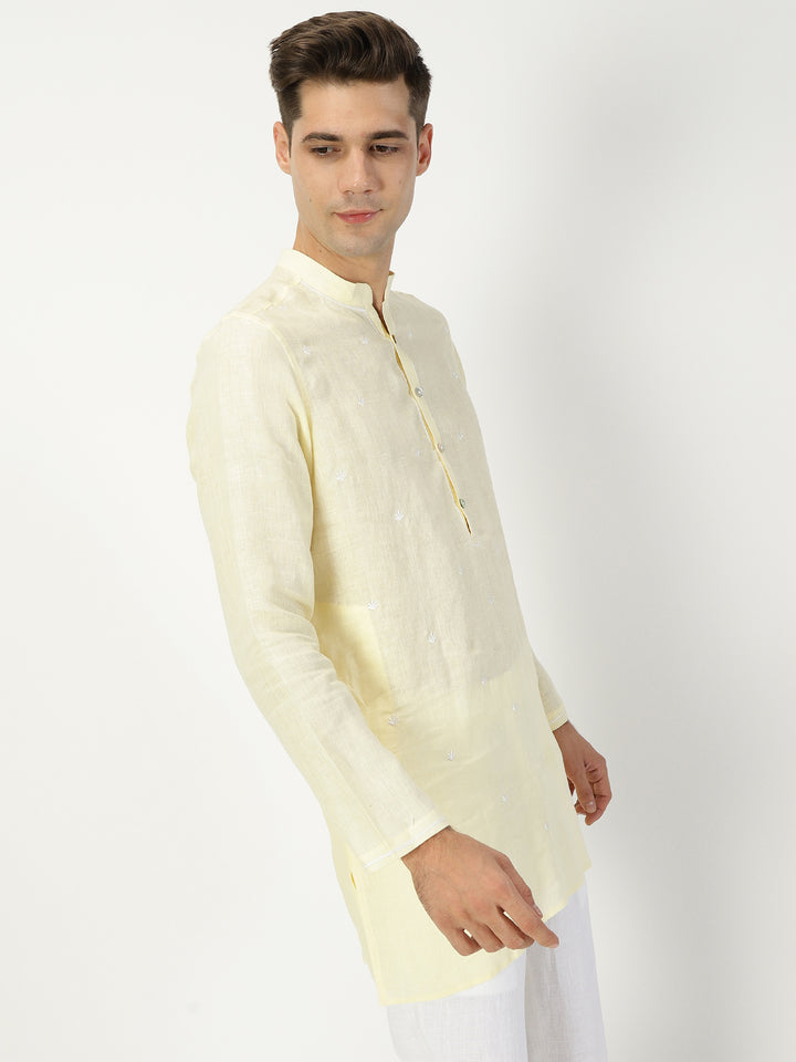 Ved - Embroidered Full Sleeve Chambray Pure Linen Short Kurta - Light Yellow