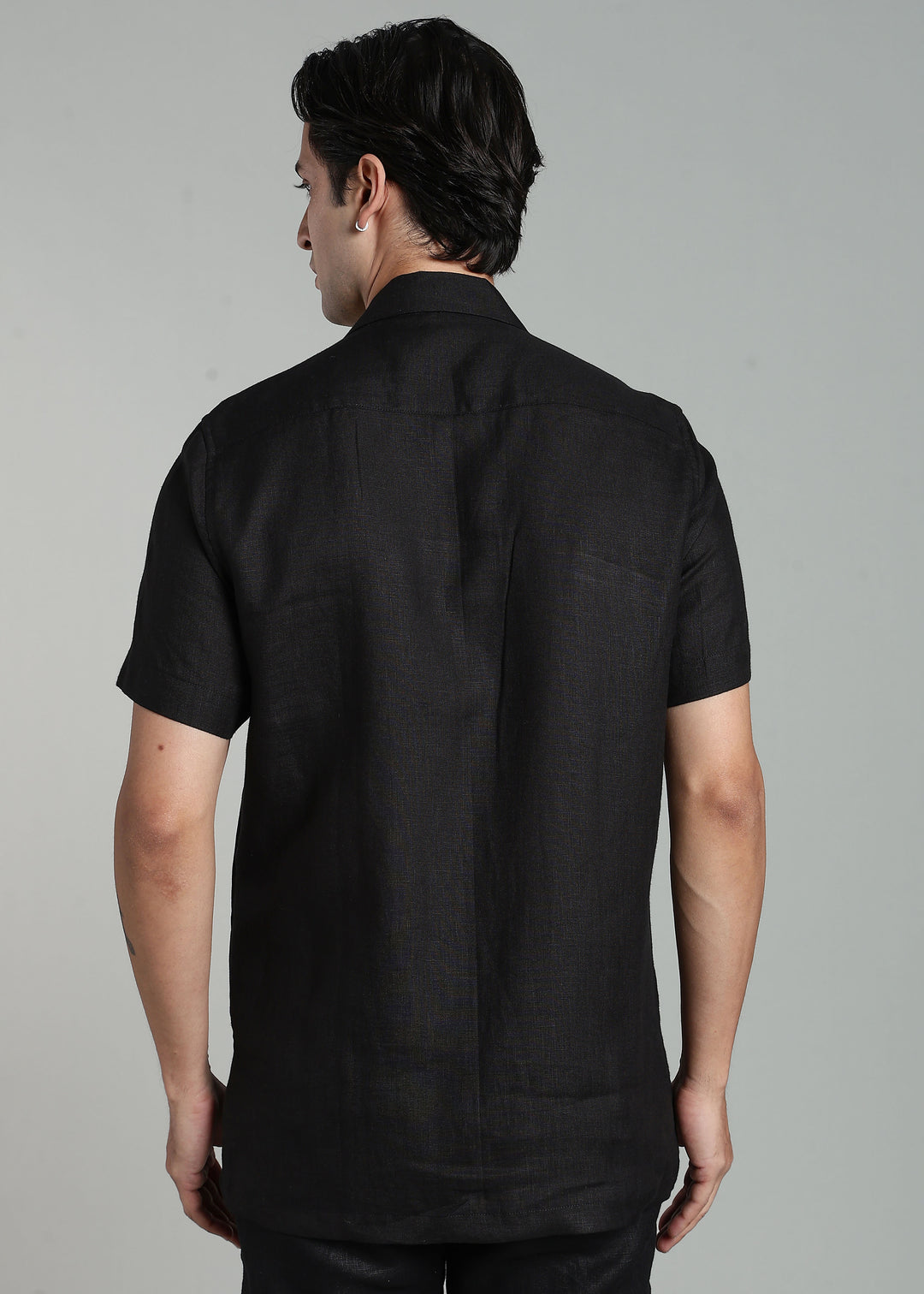 Nathan - Cuban Collar Pure Linen Half Sleeve Shirt - Black