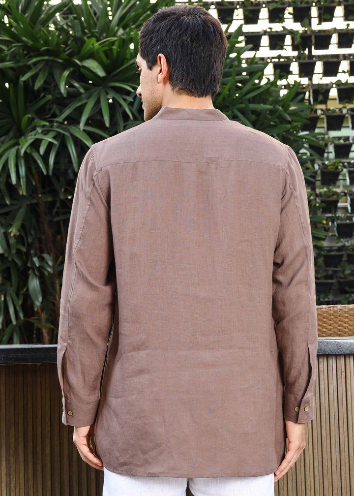 Marvel - Full Sleeve Mandarin Collar Pure Linen Kurta - Toasted Brown