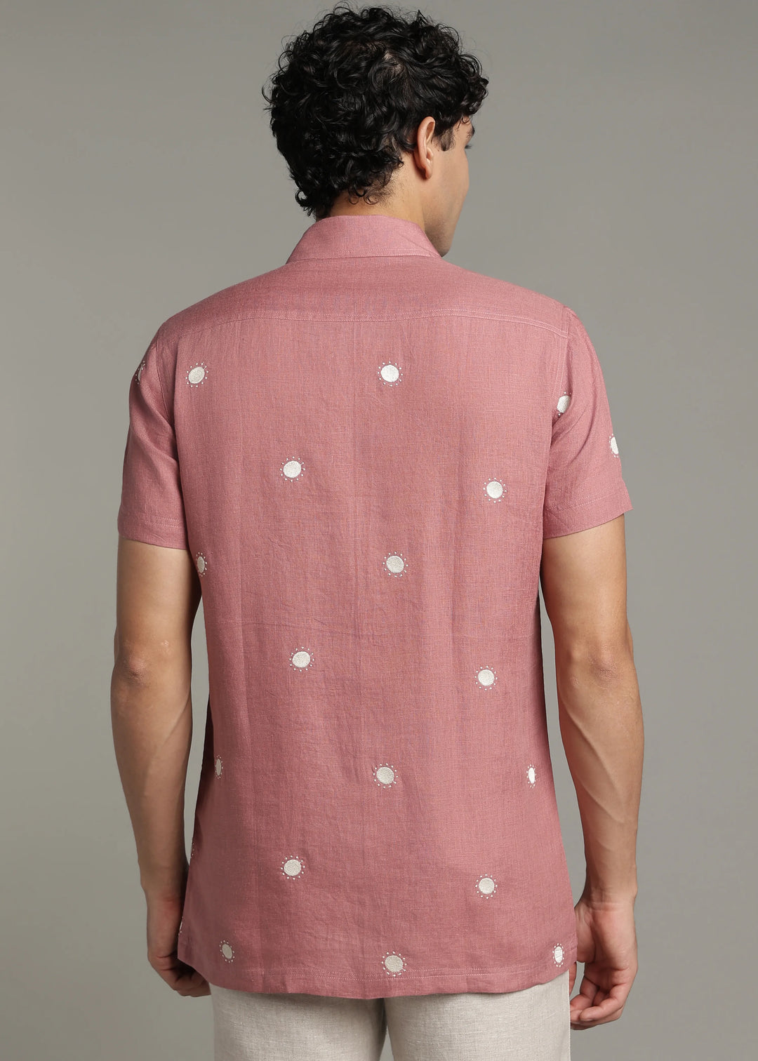 Dot - Pure Linen Embroidered Half Sleeve Shirt - Dusty Pink