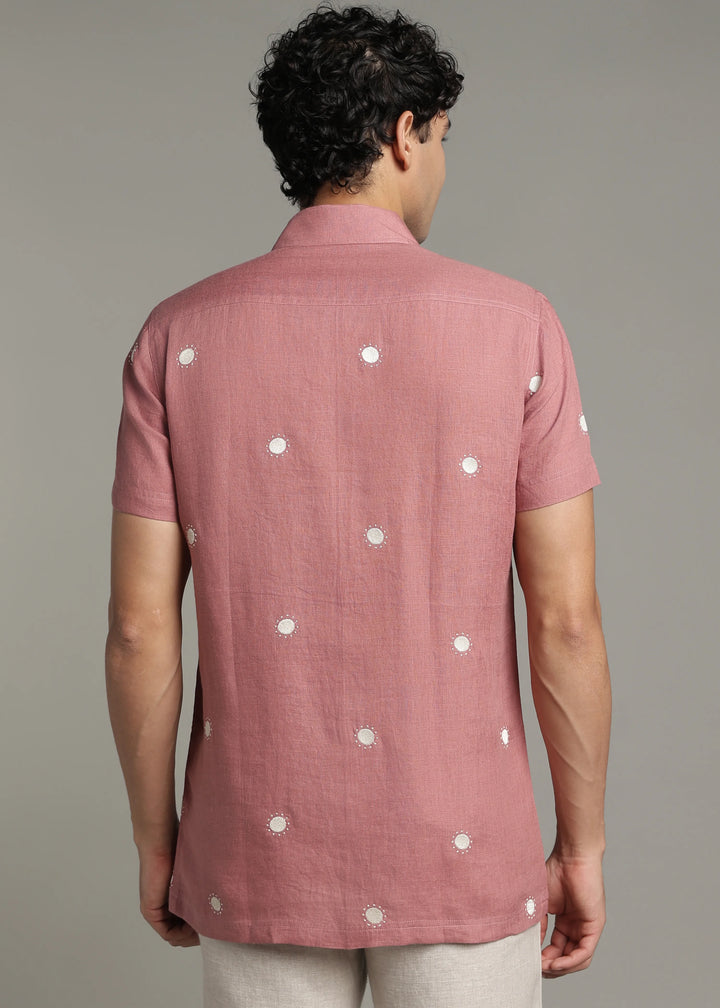 Dot - Pure Linen Embroidered Half Sleeve Shirt - Dusty Pink