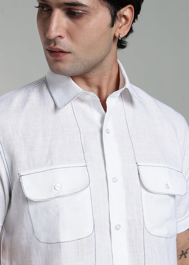 Eden - Pure Linen Half Sleeve with Contrast Stitch Detail - White & Egyptian Blue