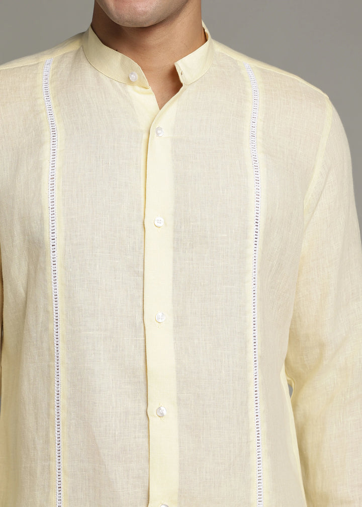 Zephr - Pure Linen Mandarin Collar Lace Detail Full Sleeve Shirt - Light Yellow