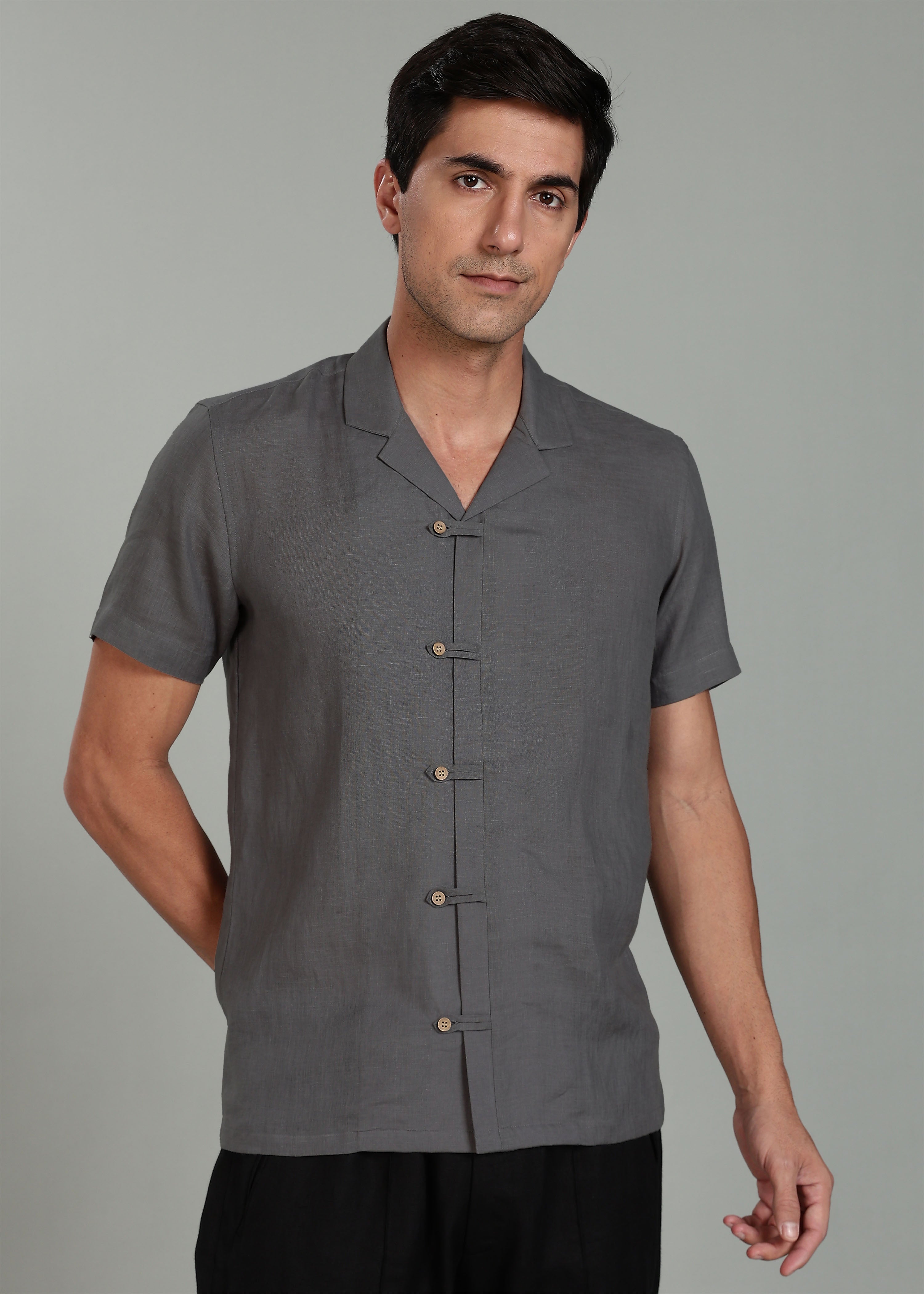 Charcoal Grey Cuban Collar Pure Linen Half Sleeve Shirt with