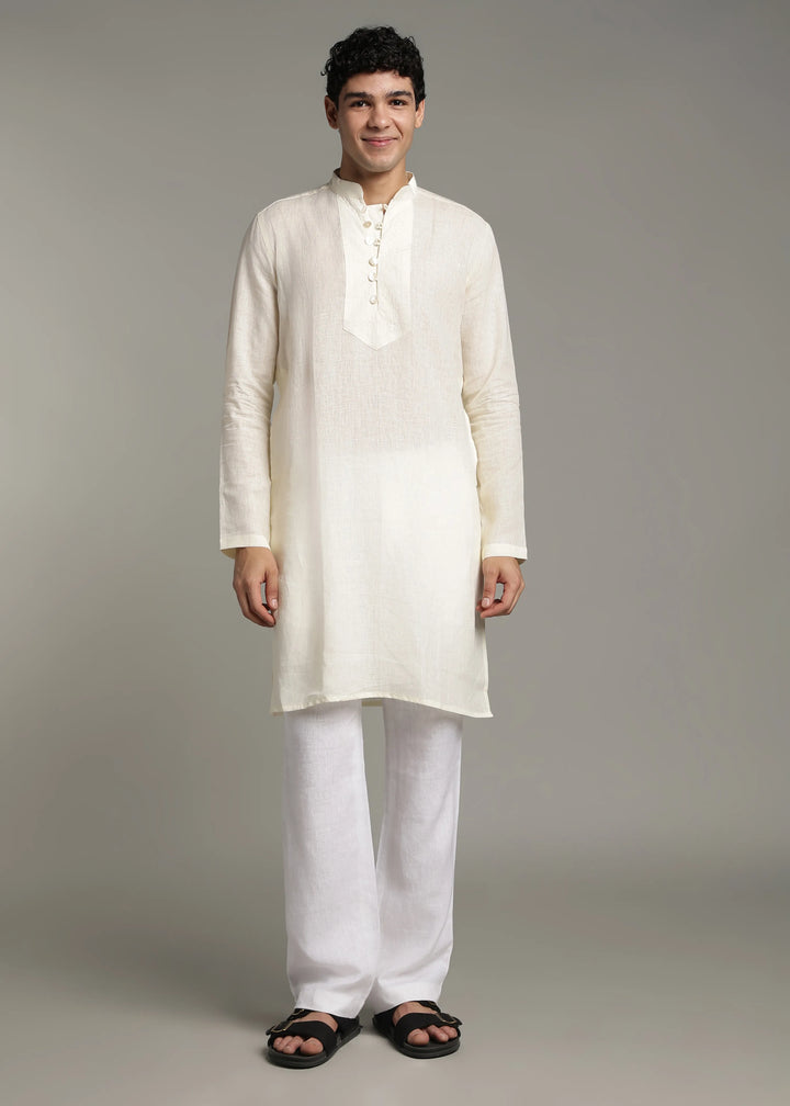 Taj - Pure Linen Long Kurta with Yolk Stitch Detail and Mother Of Pearl Buttons - Creme White