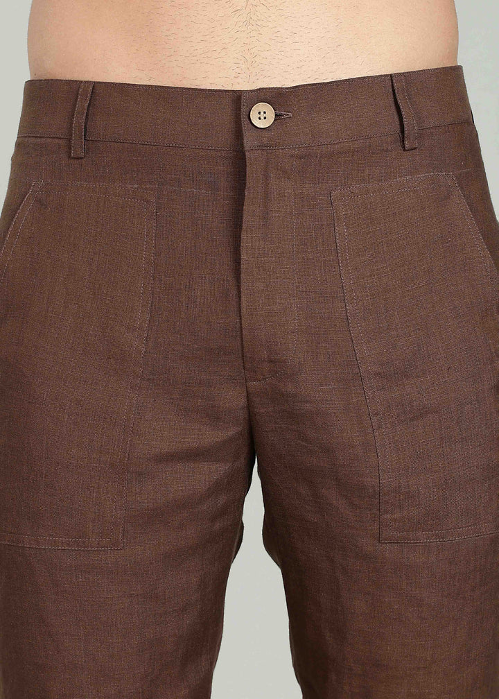 Noel Shorts - Pure Linen Shorts with Patch Pocket - Coffee Brown