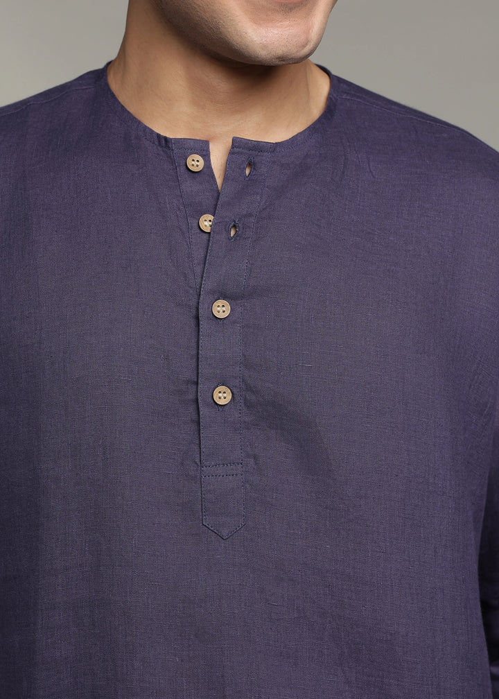 Zouq - Full Sleeve Collarless Pure Linen Mid Kurta  - Lapis Violet