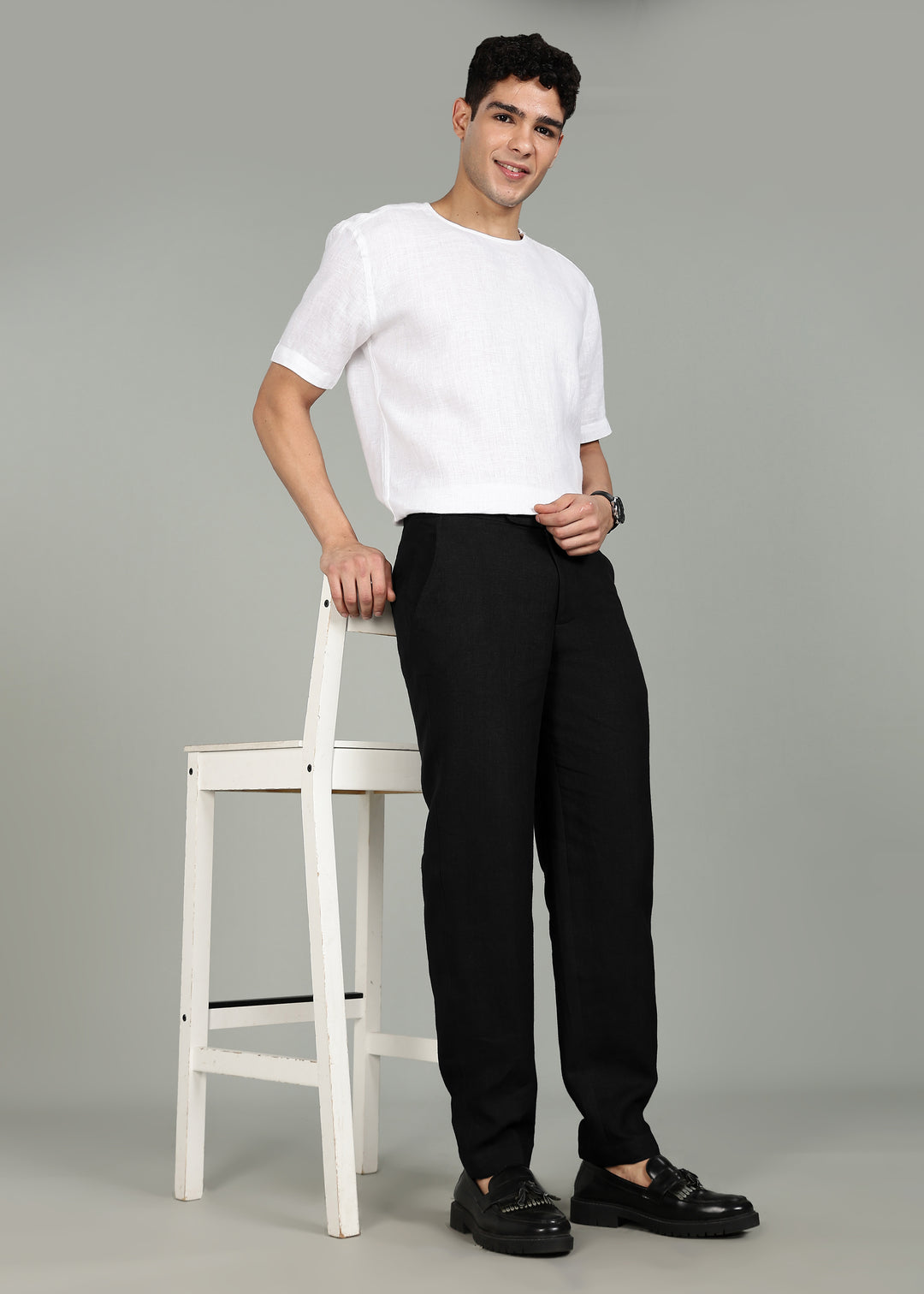 Moe - Pure Linen Extended Strap Formal Pants – Black
