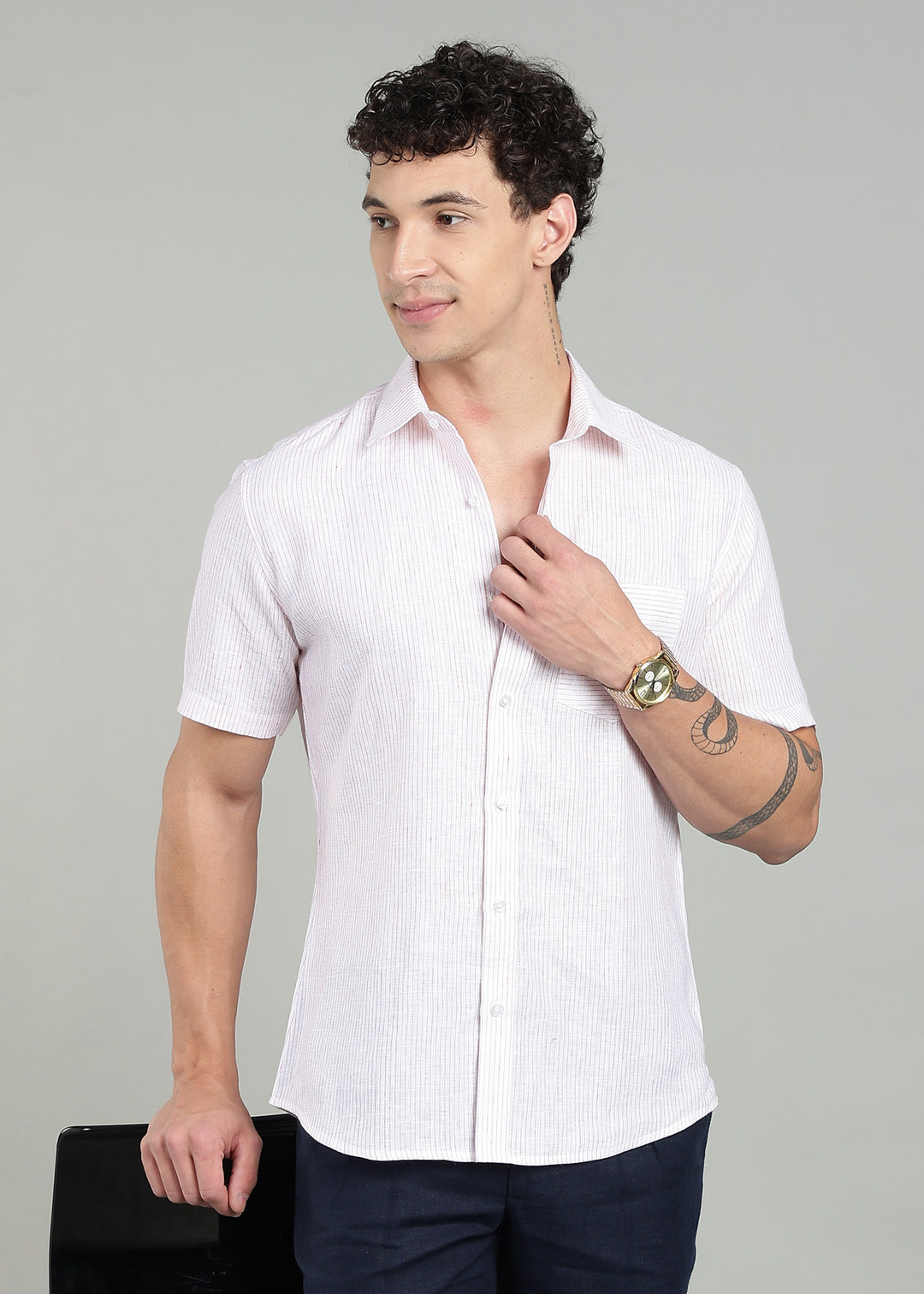 Mark - Pure Linen Half Sleeve Shirt - Red Pinstripe