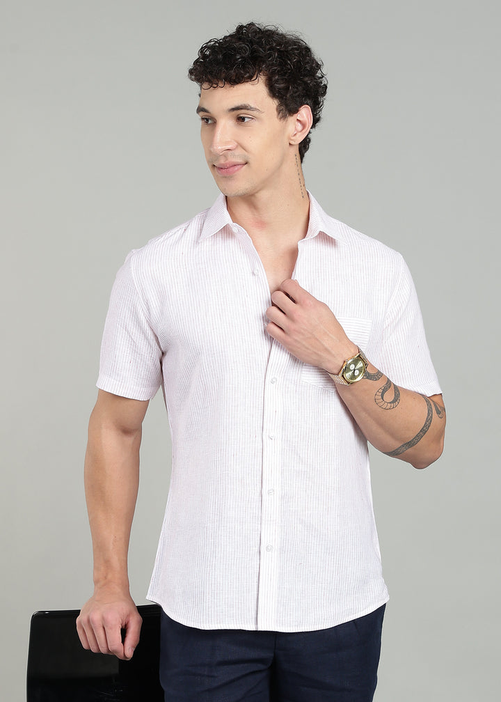 Mark - Pure Linen Half Sleeve Shirt - Red Pinstripe