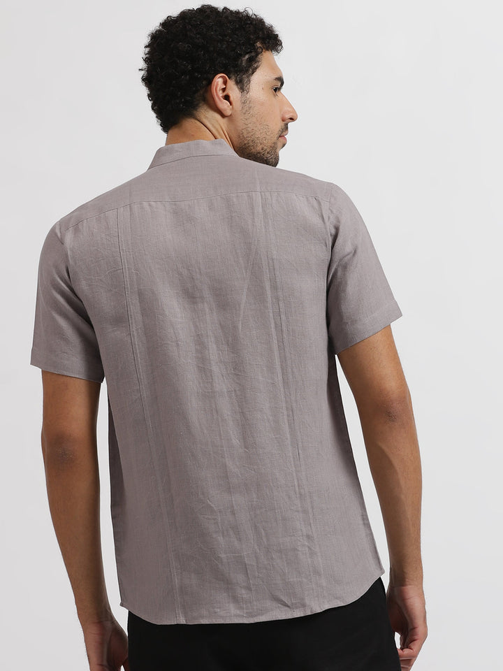 Trevor - Pure Linen Mandarin Collar Half Sleeve Shirt - Cement Grey | Rescue