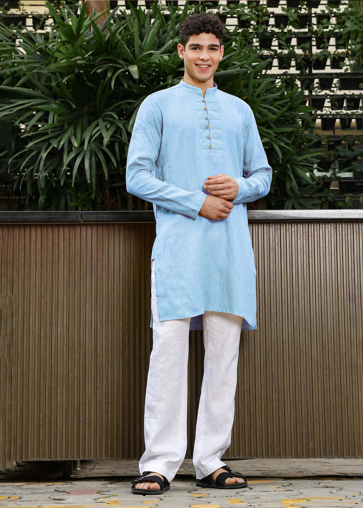 Shaan - Full Sleeve Band Collar Pure Linen Kurta - Olympic Blue