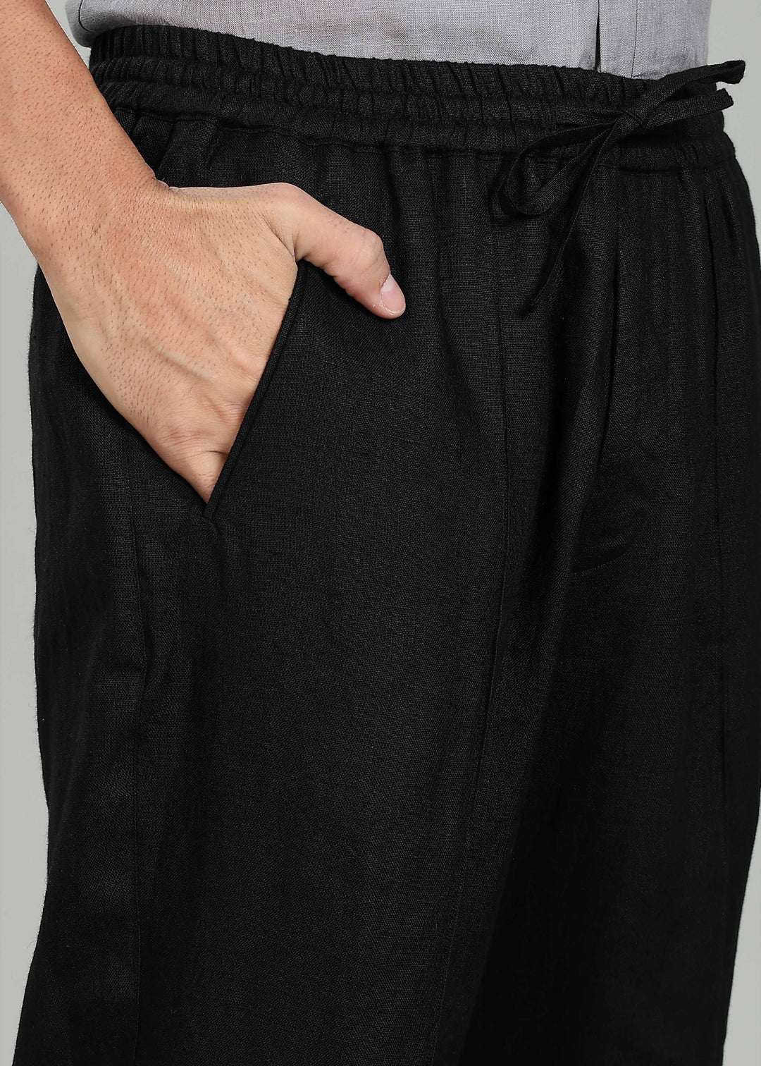 Art Pants - Pure Linen Elastic Casual Pants with Drawstrings - Black