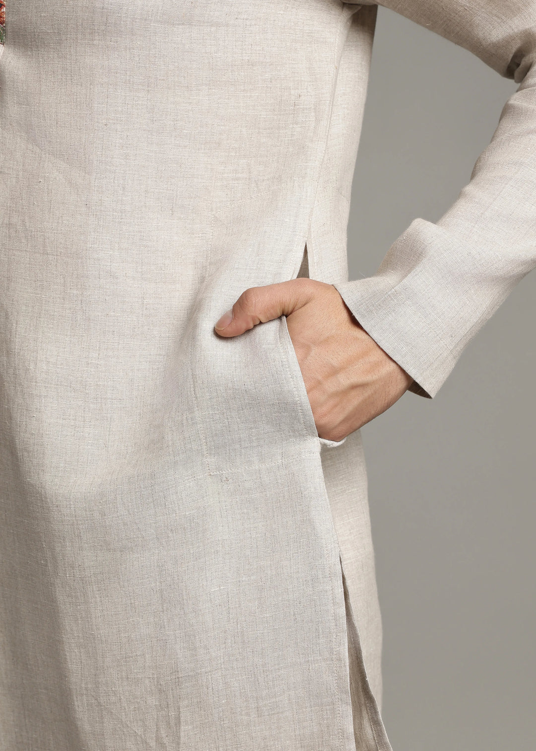 Vansh - Pure Linen Regular Kurta with Printed Placket detail - Ecru