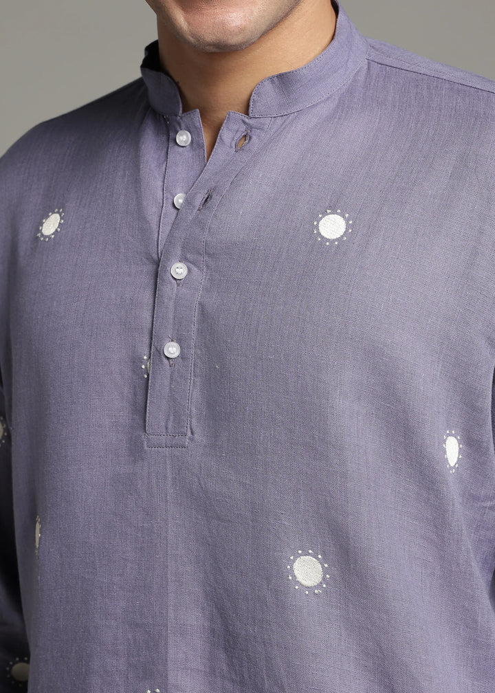 Dot - Pure Linen Embroidered Full Sleeve Short Kurta - Lavender Violet