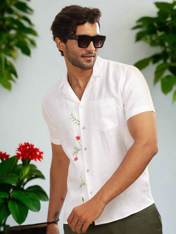 Hand-Painted Chethi - Pure Linen Half Sleeve Shirt - White