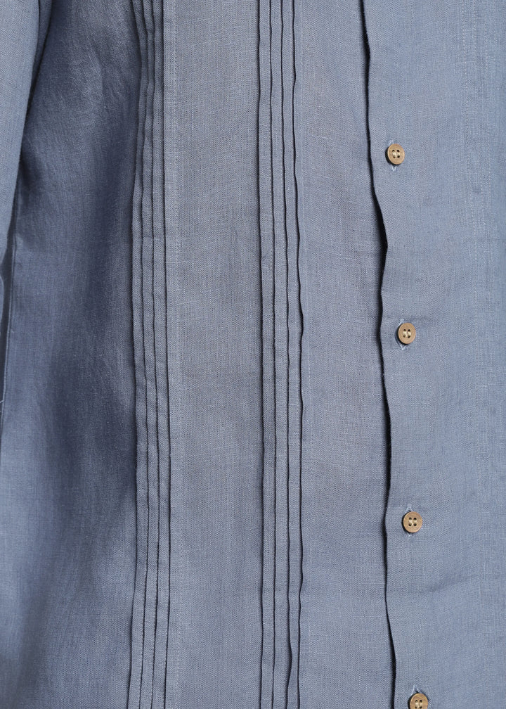 Archer - Pure Linen Mandarin Collar Pleat Detail Full Sleeve Shirt - Blue Grey