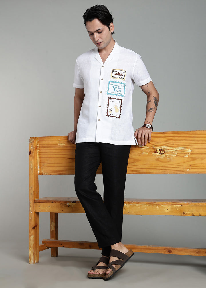 Serq - Pure Linen Half Sleeve Cuban Collar Shirt with Egypt Inspired Embroidery - White