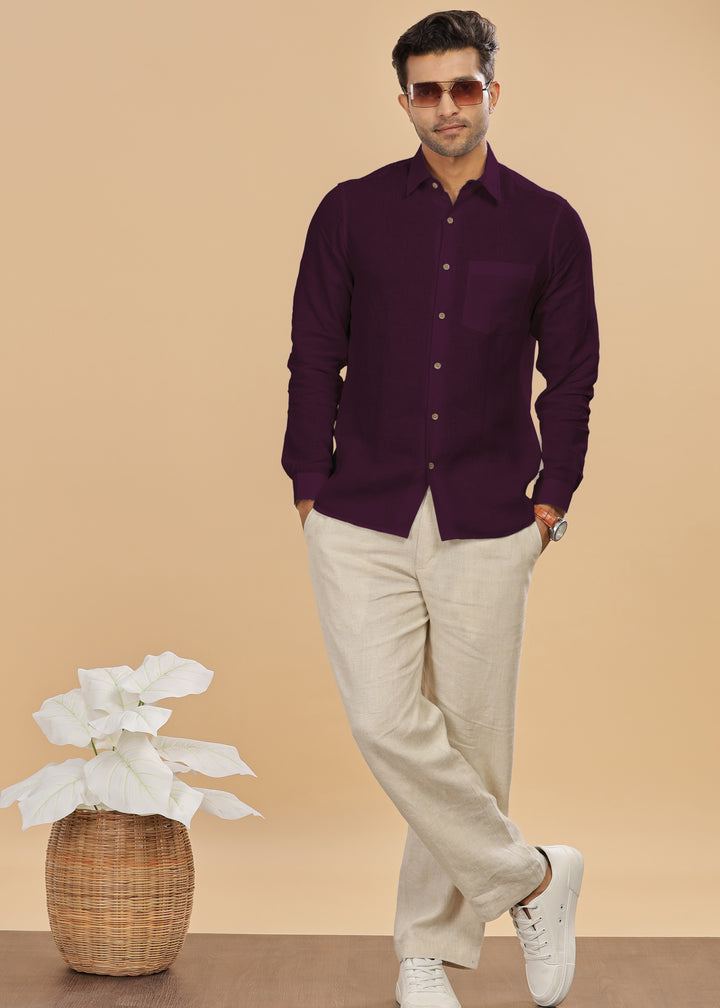 Ted - Pure Linen Full Sleeve Shirt - Dark Purple