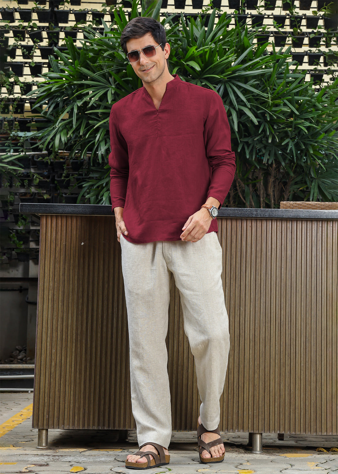 Arnav - Full Sleeve Broad-Notched Collar Pure Linen Short Kurta - Red Wine