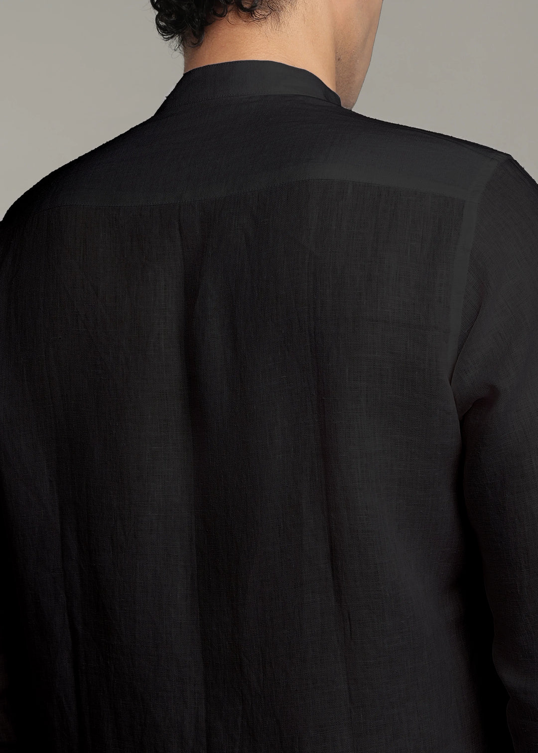 Zephr - Pure Linen Mandarin Collar Lace Detail Full Sleeve Shirt - Black