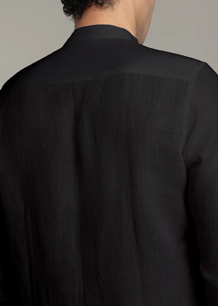 Zephr - Pure Linen Mandarin Collar Lace Detail Full Sleeve Shirt - Black