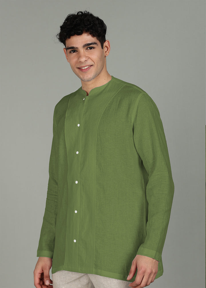 Neev - Full Sleeve Pure Linen Short Kurta - Cossack Green