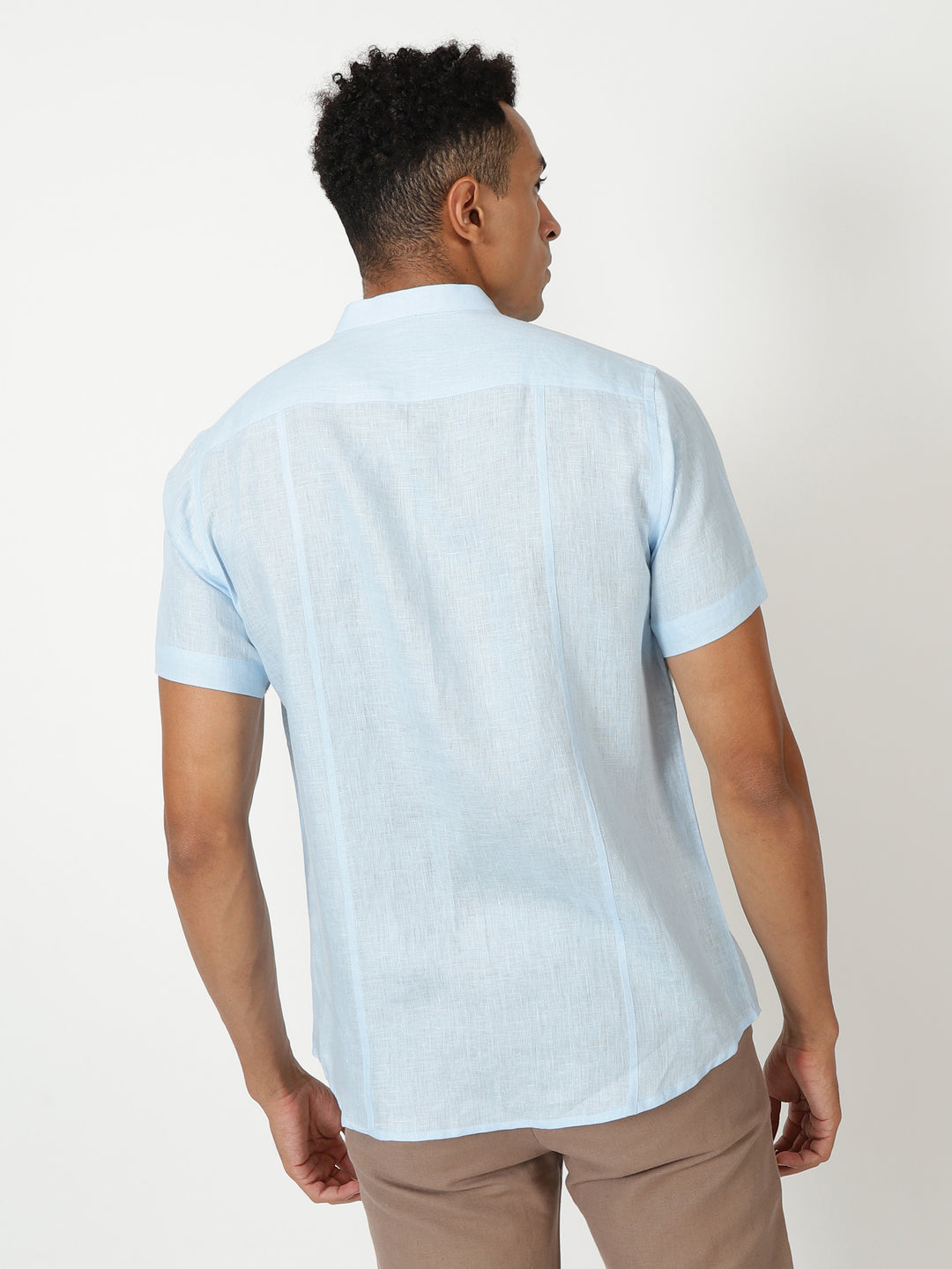 Trevor - Pure Linen Mandarin Collar Half Sleeve Shirt - Sky Blue