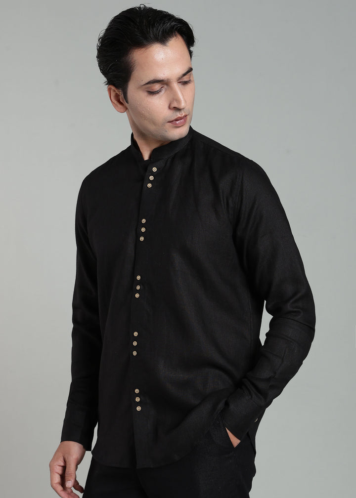 Flint - Pure Linen Shirt with Mandarin Collar & Trio Button Detail - Black
