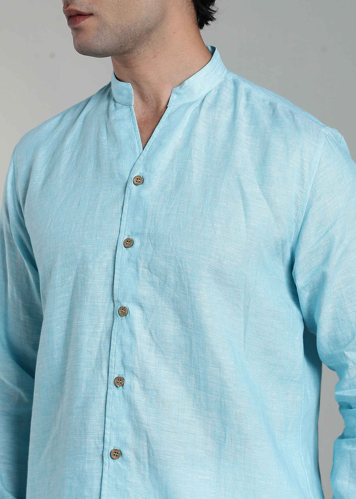 Craig - Pure Linen V Neck Full Sleeve Shirt - Blue Chambray