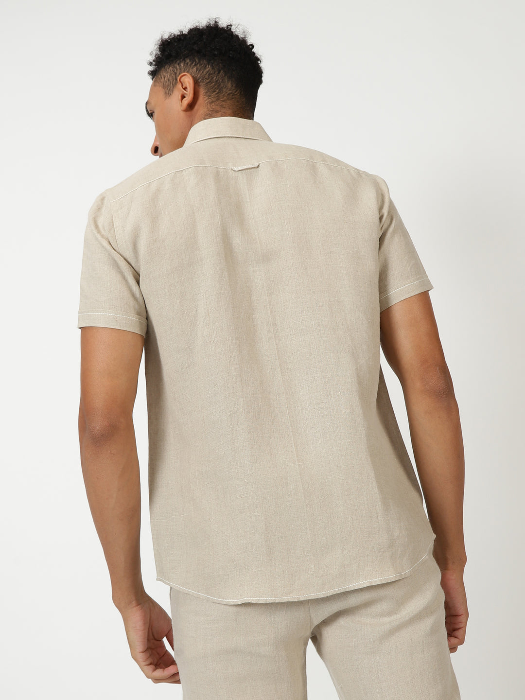 Peter - Pure Linen Stitch Detailed Half Sleeve Shirt - Dark Ecru