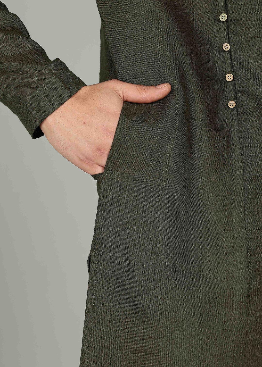 Man wearing a 100% Moss Green 60 lea Kurta, with placket detail, in a Grey  Background indoor.