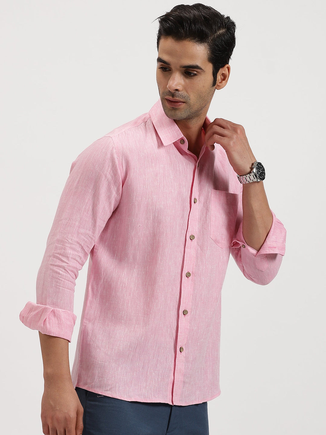 Bryce - Pure Linen Chambray Long Sleeve Shirt - Pink | Rescue