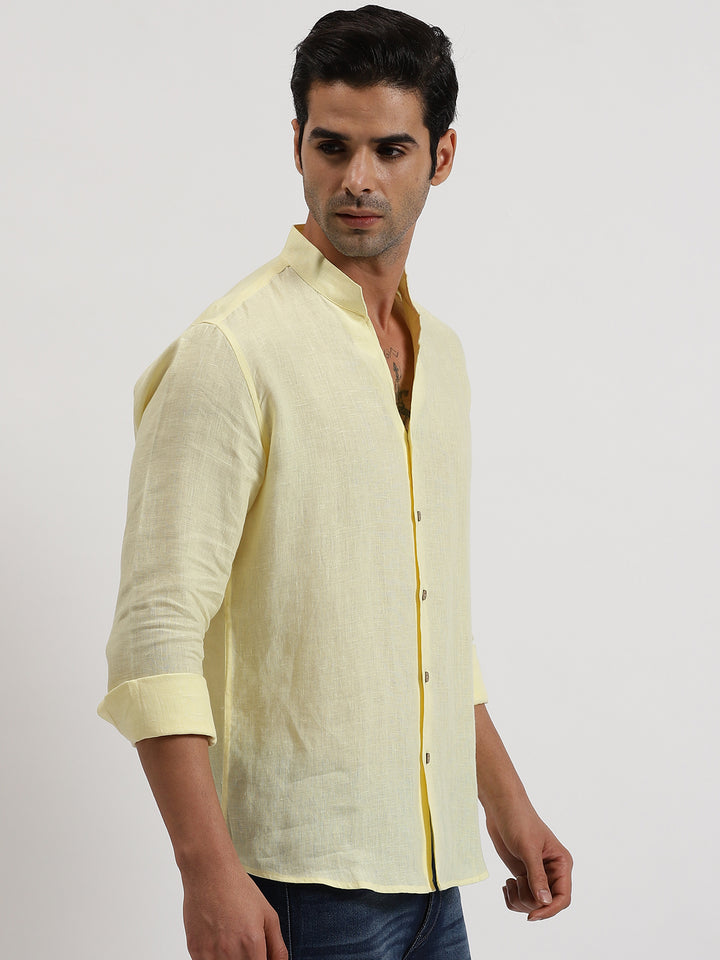 Craig - Pure Linen V Neck Full Sleeve Shirt - Light Yellow